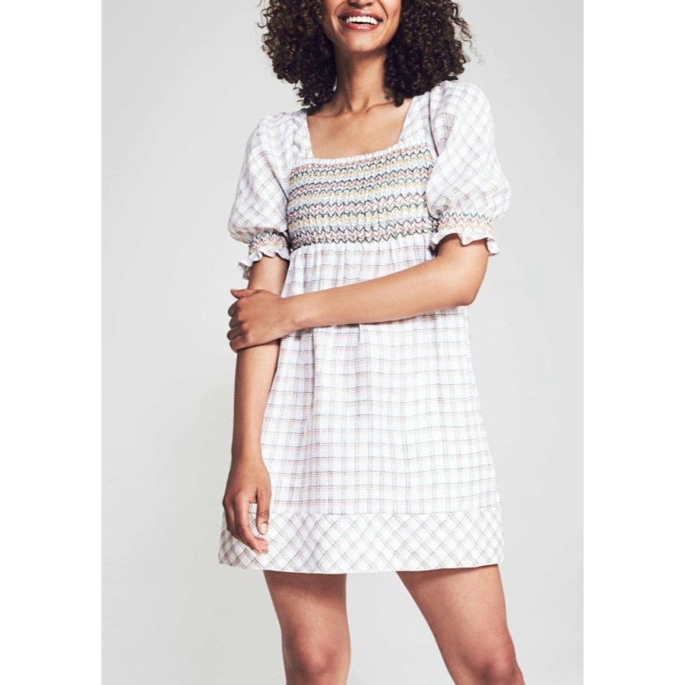 Faherty Lola Linen Smocked Dress in Crispin Windowpane Size Small